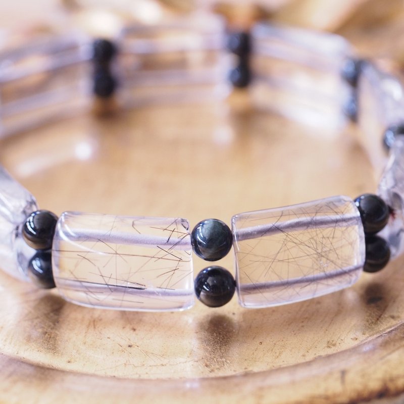 金红石 黑发晶 碧玺电气石 纯银 手环 - 手链/手环 - 半宝石 黑色