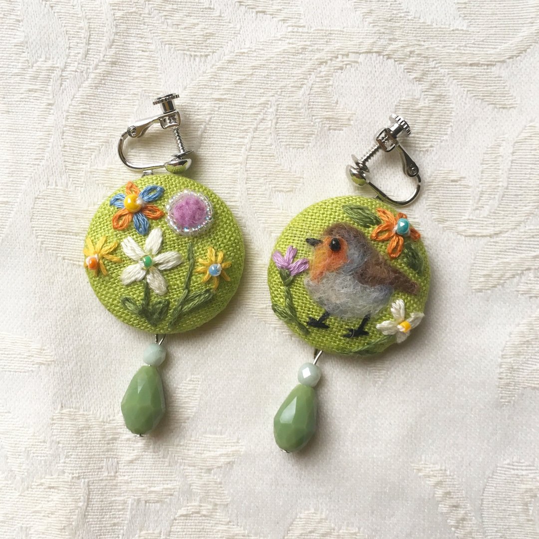 earrings of robin - 耳环/耳夹 - 棉 绿色