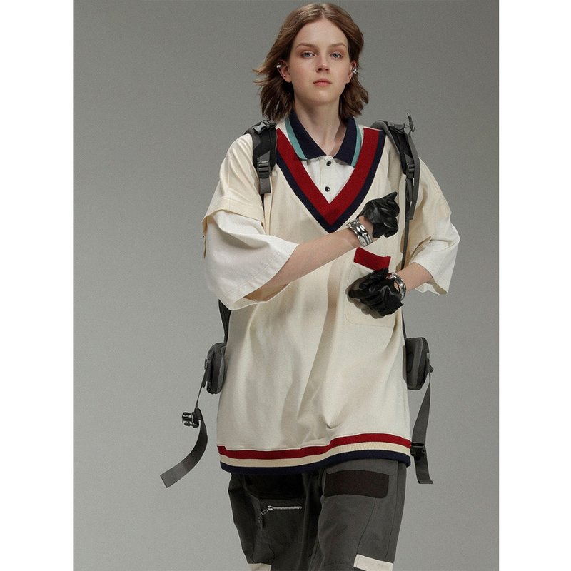 UNVESNO复古假两件V领学院风情侣潮牌翻领短袖POLO衫 SWS-1231 - 男装上衣/T 恤 - 棉．麻 