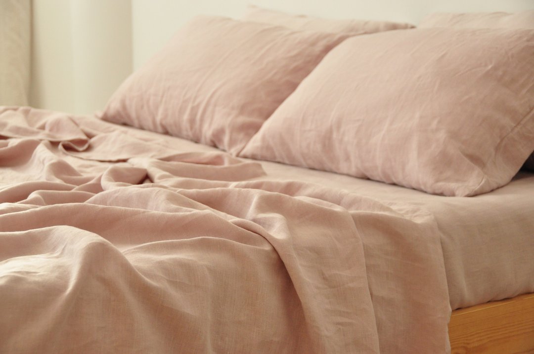 Dusty pink linen fitted sheet / Softened linen bed sheet / Deep pocket - 寝具 - 亚麻 粉红色