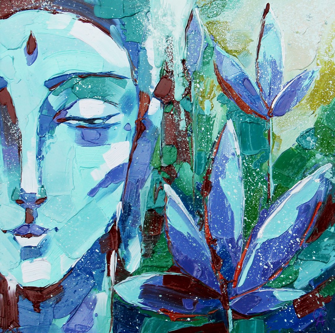 Buddha Painting Meditation Original Art Yoga Artwork Spiritual Wall Art - 海报/装饰画/版画 - 其他材质 蓝色