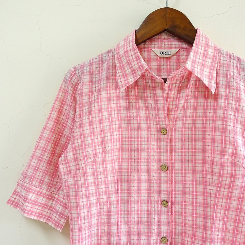 │Slowly│ 粉色格纹/古着衬衫/日本制 │vintage.复古.文艺 - 女装衬衫 - 聚酯纤维 多色