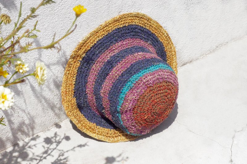 限量一件 手工编织棉麻帽/编织帽/渔夫帽/遮阳帽/草帽 - 芒果 + 蓝莓 冰淇淋条纹 手织帽 - 帽子 - 棉．麻 多色