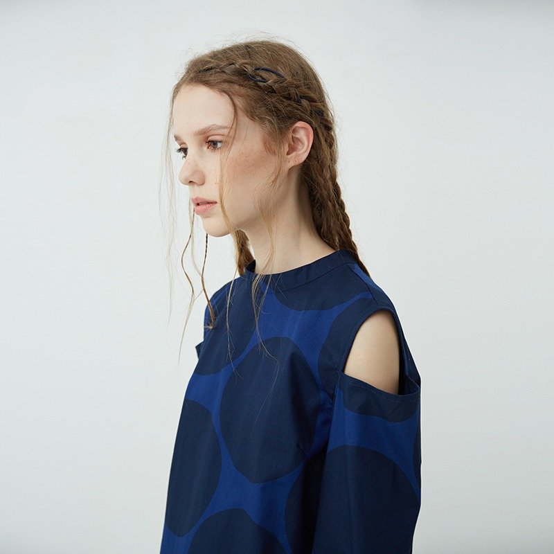 全棉圆点半高领短款衬衫 - 女装衬衫 - 棉．麻 蓝色