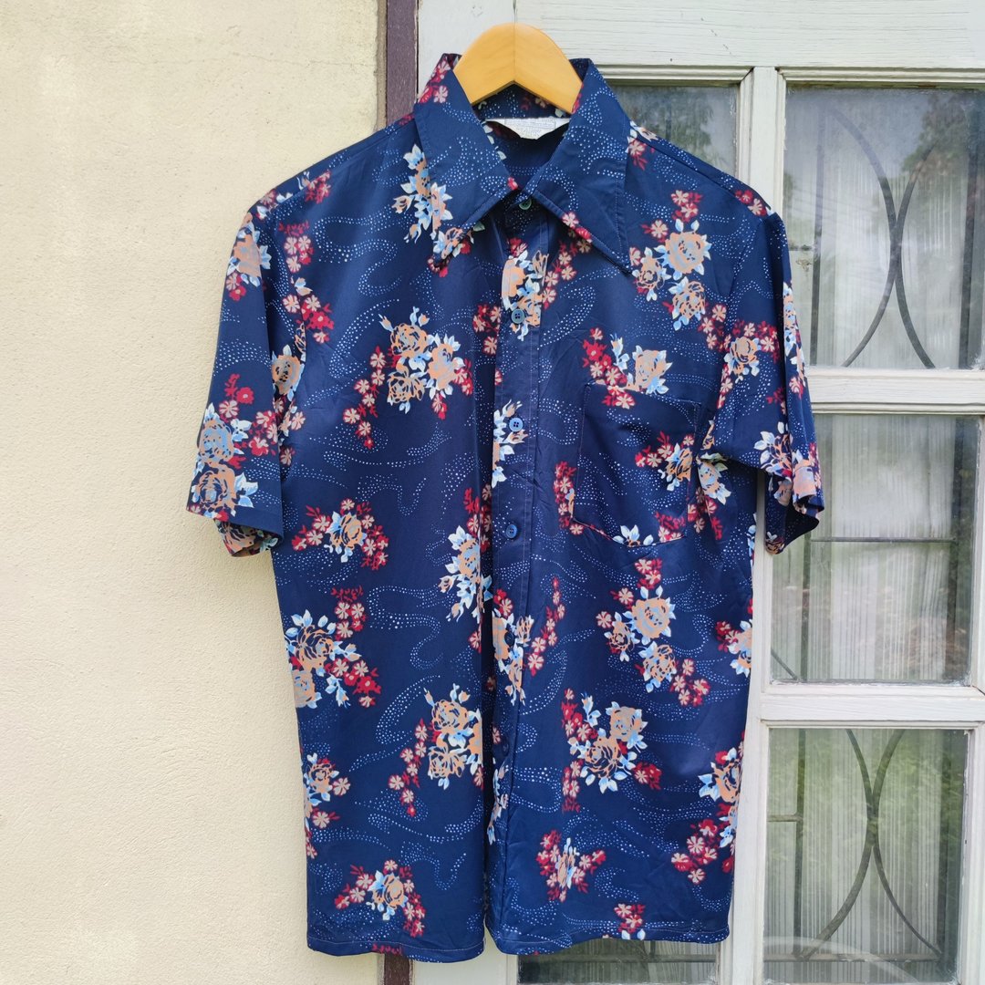 复古 70 年代 Sears The Comfort Shirt 花卉波浪蓝色印花短袖衬衫 - 男装衬衫 - 棉．麻 蓝色