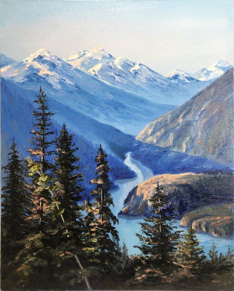 Painting Mountains Original Oil Art Snowy Mountains - 海报/装饰画/版画 - 其他材质 蓝色