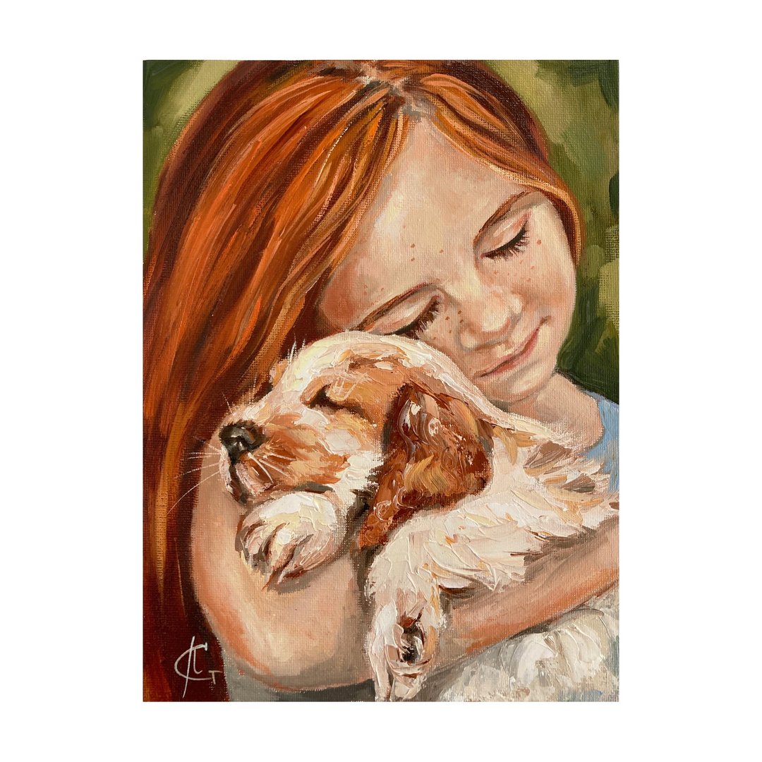 Girl and dog painting Original canvas art Daughter painting Pet painting - 墙贴/壁贴 - 其他材质 