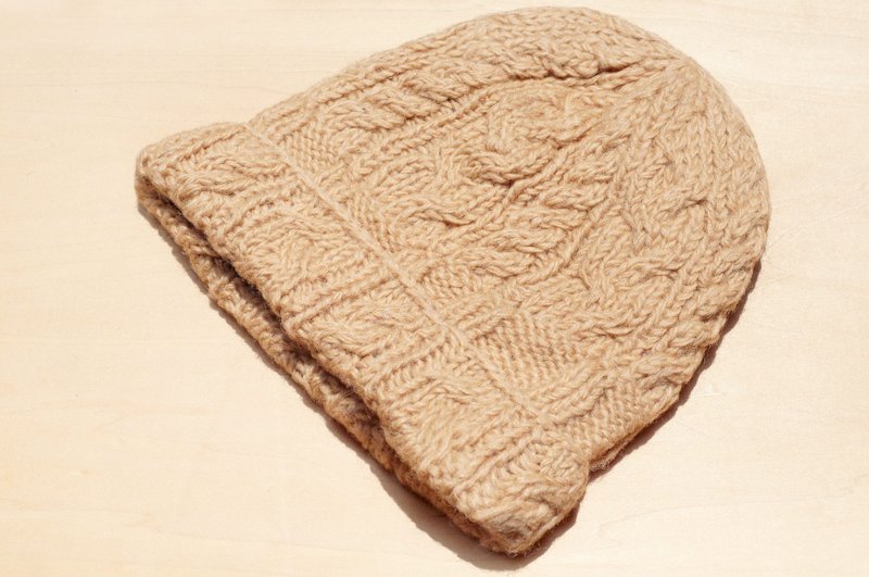 手工编织纯羊毛帽 编织帽 针织毛帽 内刷毛手织毛帽 毛线帽-麻花 - 帽子 - 羊毛 咖啡色