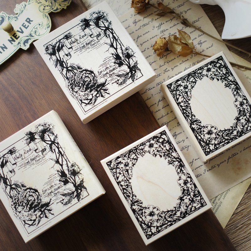 枫木手账印章 复古边框 花卉 天使 红橡胶 - 印章/印台 - 木头 黑色