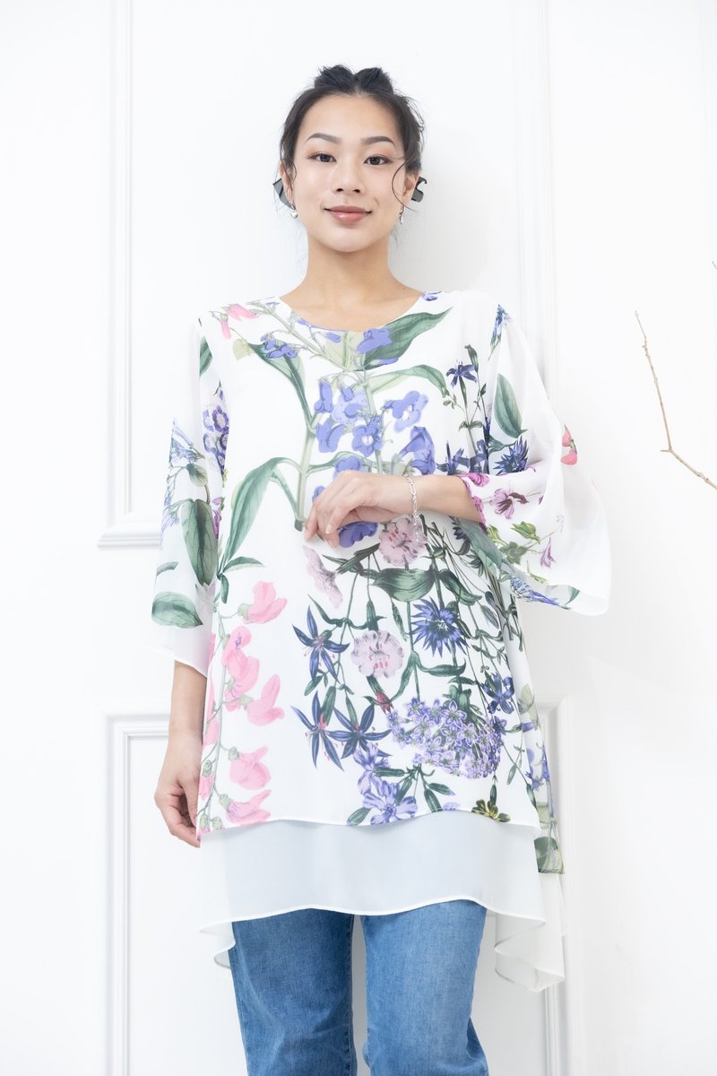 粉.紫色花材.绿叶两层七分袖上衣 白色 - 女装上衣 - 其他材质 白色