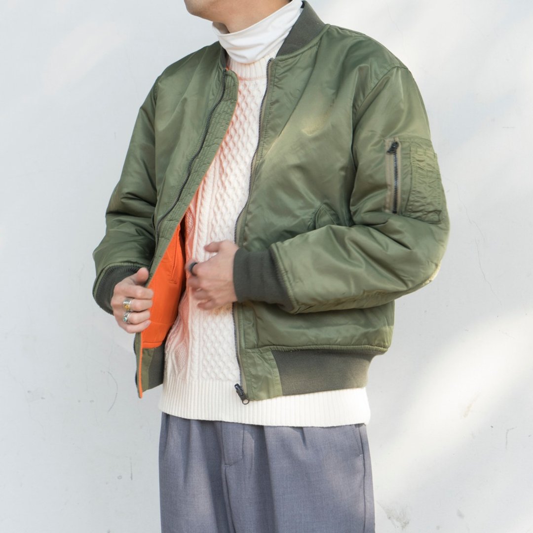 冬季 尼龙防水面料短款 MA-1飞行夹克外套 加厚夹棉飞行服 - 男装外套 - 棉 绿色