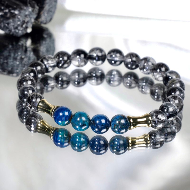 【幽蓝宙光】凤凰石×黑发晶 设计款水晶手链 开运转运辟邪饰品 - 手链/手环 - 水晶 黑色