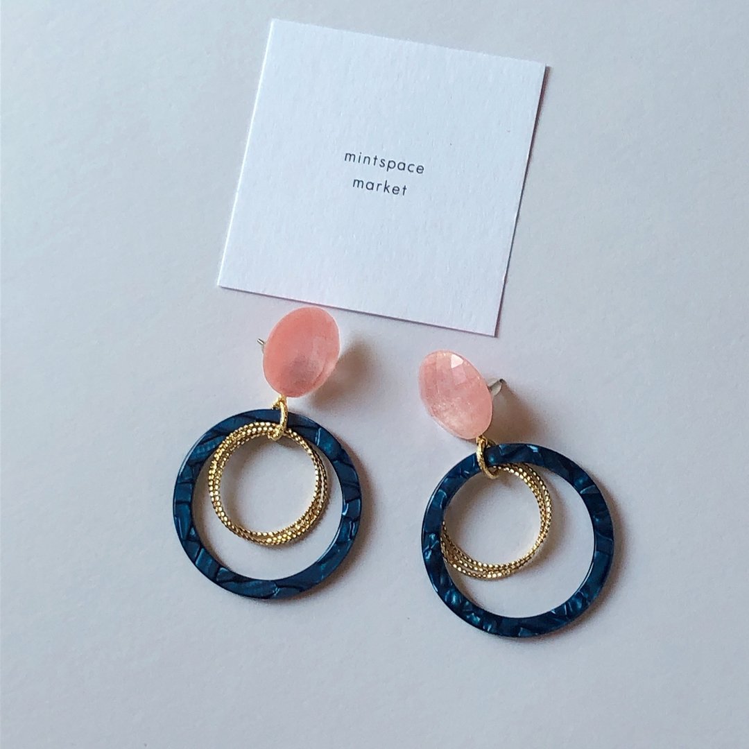 耳环 pink & blue circle - 耳环/耳夹 - 铜/黄铜 多色