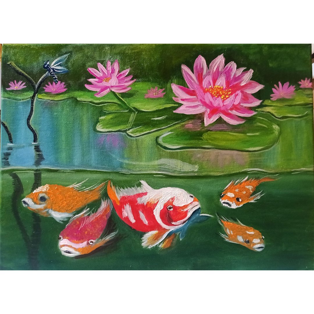 锦鲤油画画布（附担架） - 海报/装饰画/版画 - 棉 绿色