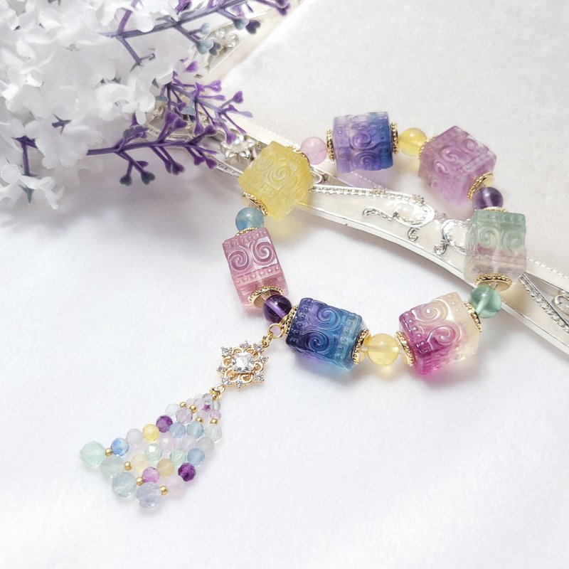 顶级彩虹萤石 回纹 魔方 流苏 智慧 七脉轮 大宝石手链 单品 礼物 - 手链/手环 - 宝石 多色