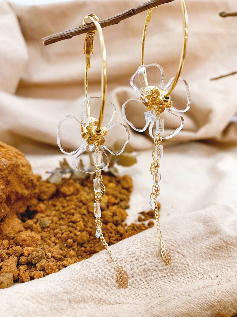 隐形拼图。 MUCHAT手作14KGP四叶草垂链C圈耳环 - 耳环/耳夹 - 压克力 透明