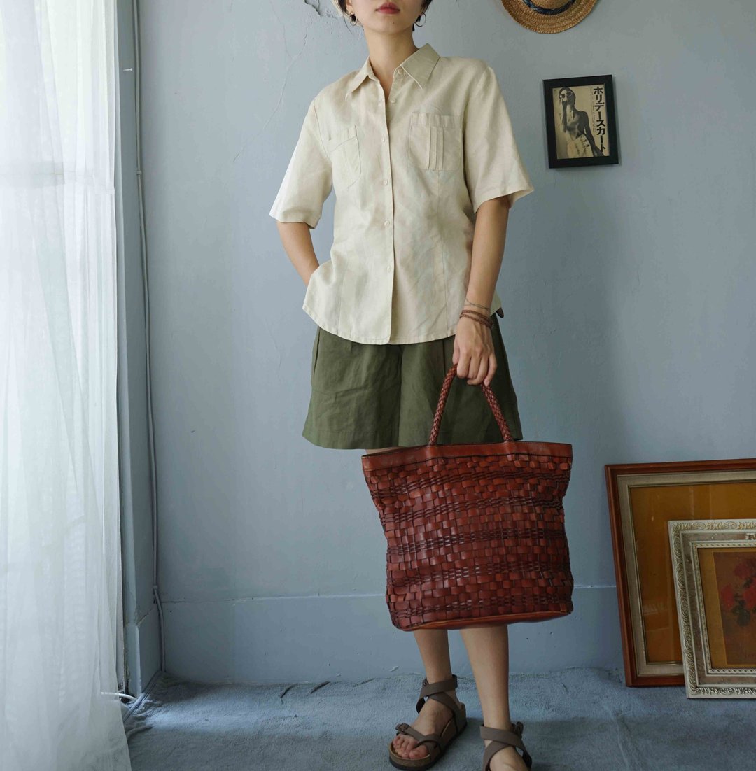寻宝古着-夏日浅卡其中性棉麻透气衬衫 - 女装衬衫 - 棉．麻 卡其色