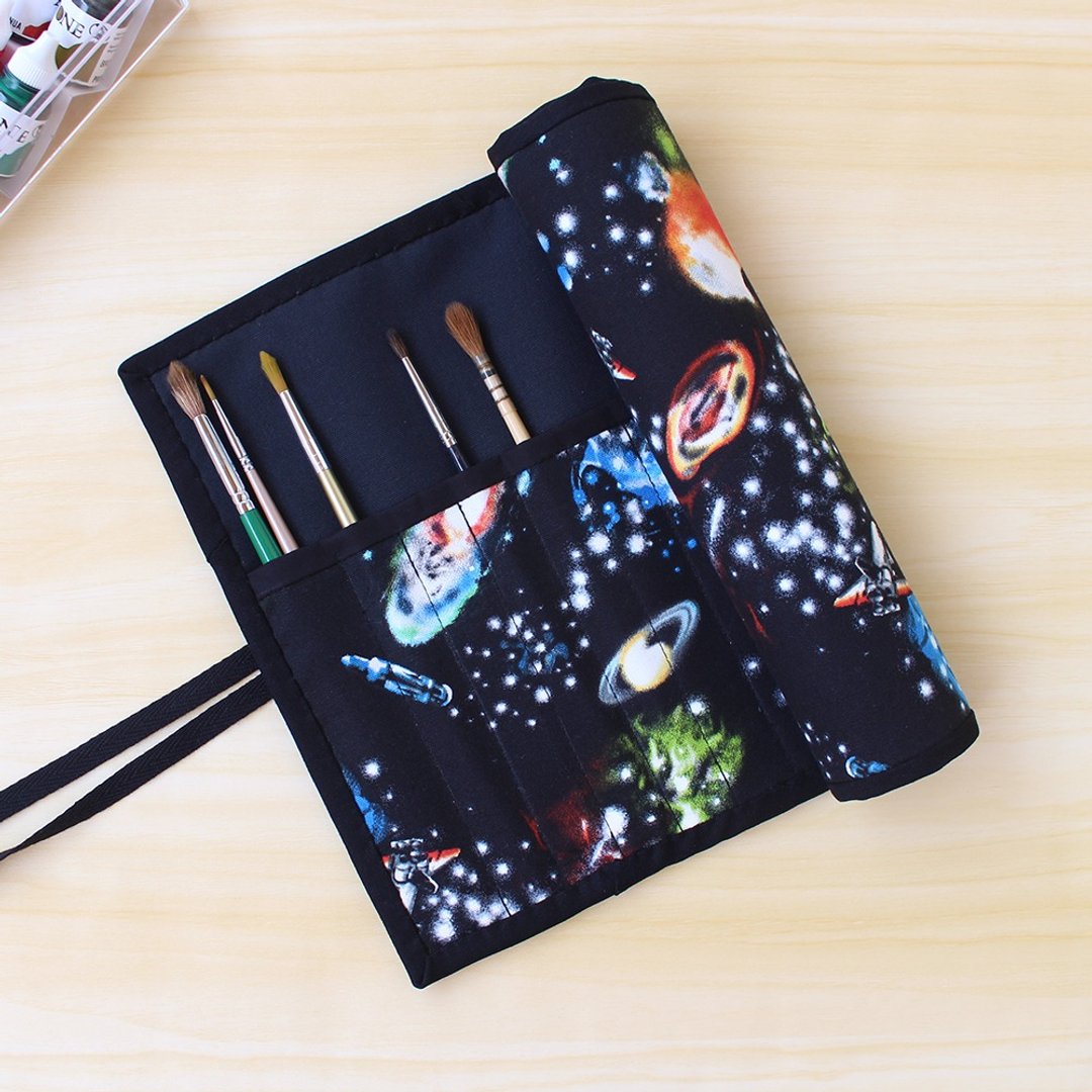 星河宇宙(黑)画具袋/笔袋 工具收纳袋 滚边 巻物ケース 水彩絵具 - 铅笔盒/笔袋 - 棉 黑色