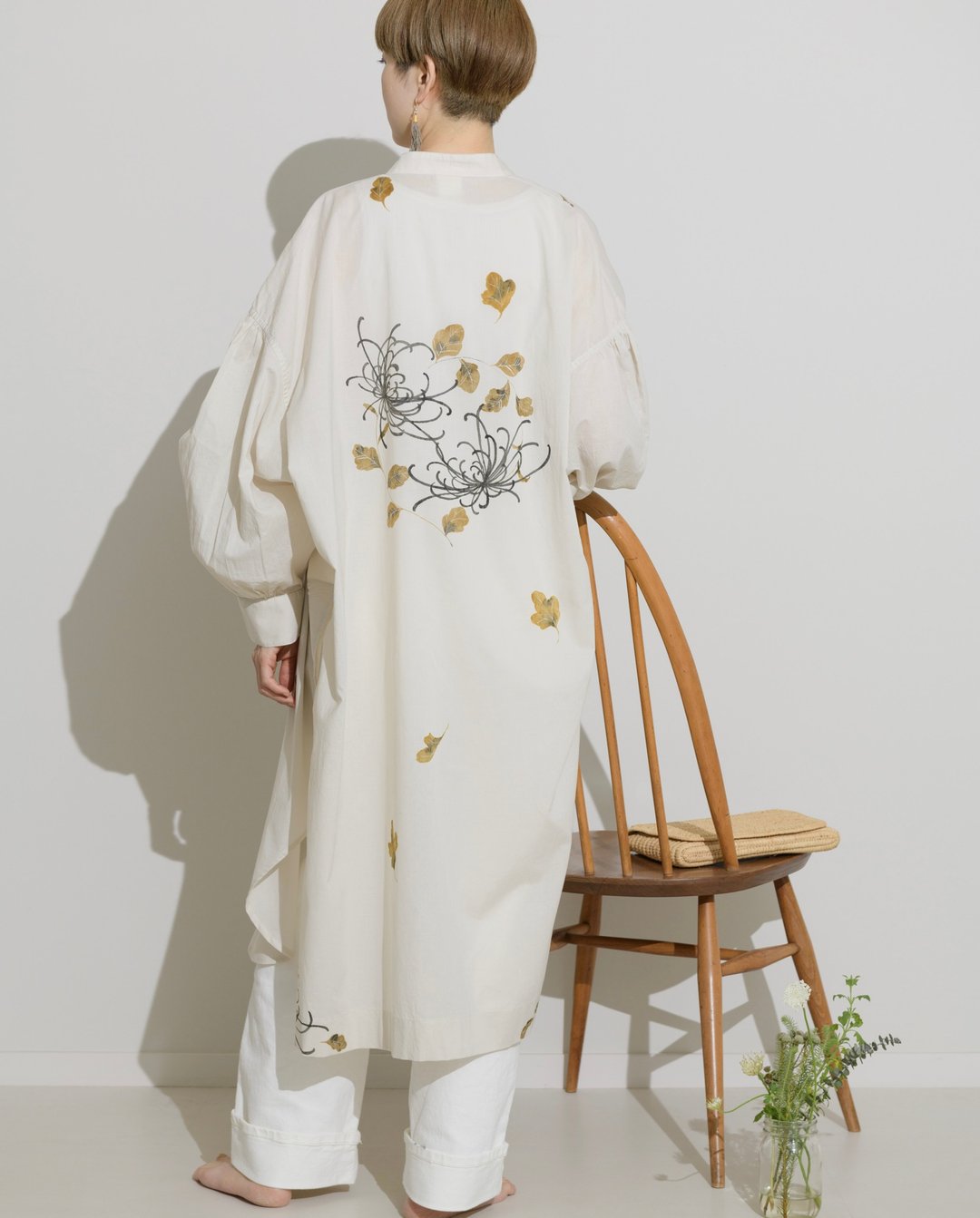 Soft washer, long blouse, hand-painted Rangiku - 女装衬衫 - 棉 卡其色