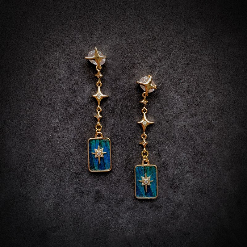 【手作】孔雀羽毛点翠工艺 鋯石耳钉 可改耳夾——星途 - 耳环/耳夹 - 铜/黄铜 