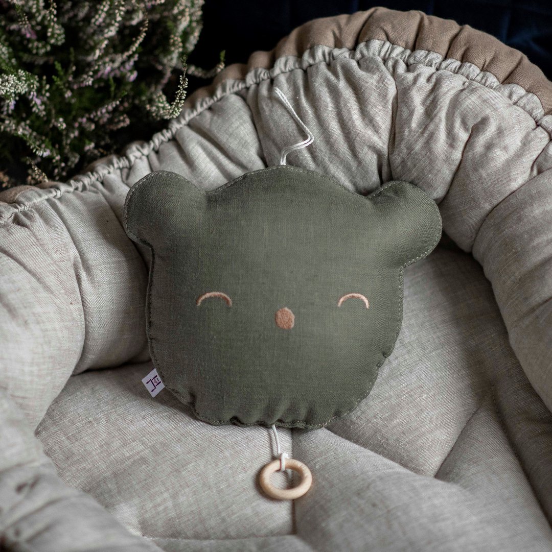 Musical toy lullaby teddy bear pillow for baby - Dark Green nursery mobile - 玩具/玩偶 - 亚麻 绿色
