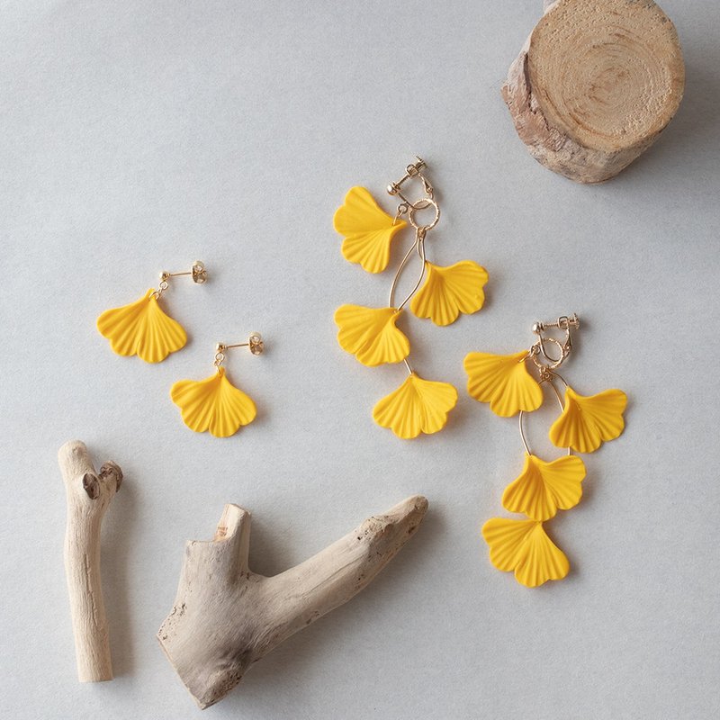 2way Ginkgo earrings - 耳环/耳夹 - 粘土 黄色