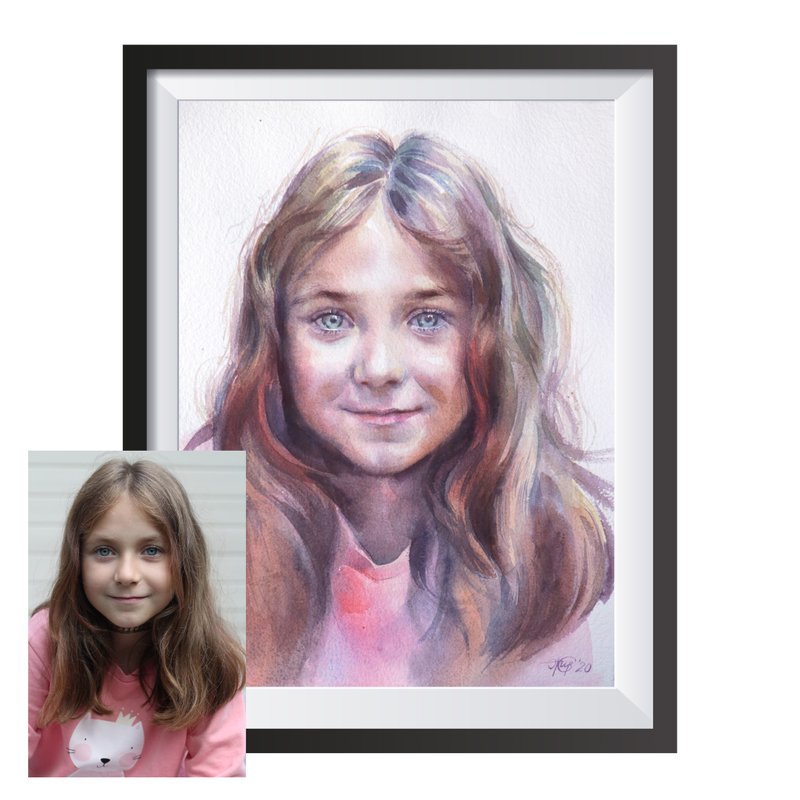 Custom original watercolor portrait painting by artist Irina Zhunaeva - 订制画像 - 纸 多色