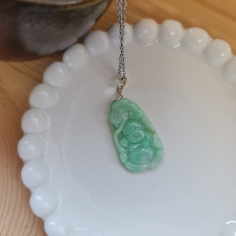 细糯老料果阳绿如意佛公双面雕|天然缅甸玉A货翡翠 - 项链 - 玉石 