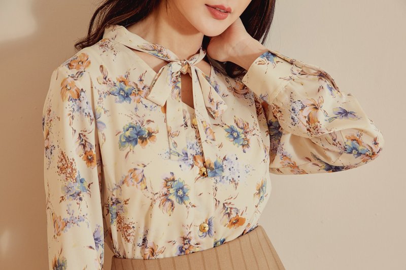  MIT 气质花卉蝴蝶结绑带领上衣 (R6028A) - 女装衬衫 - 聚酯纤维 