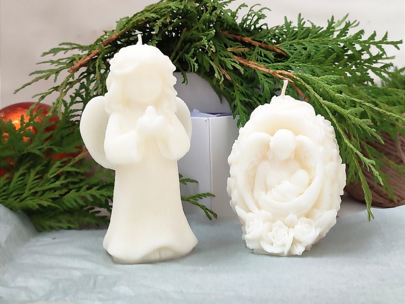 Christmas Angel Virgin Mary Statue Candles Set Soy Wax - 灯具/灯饰 - 蜡 白色