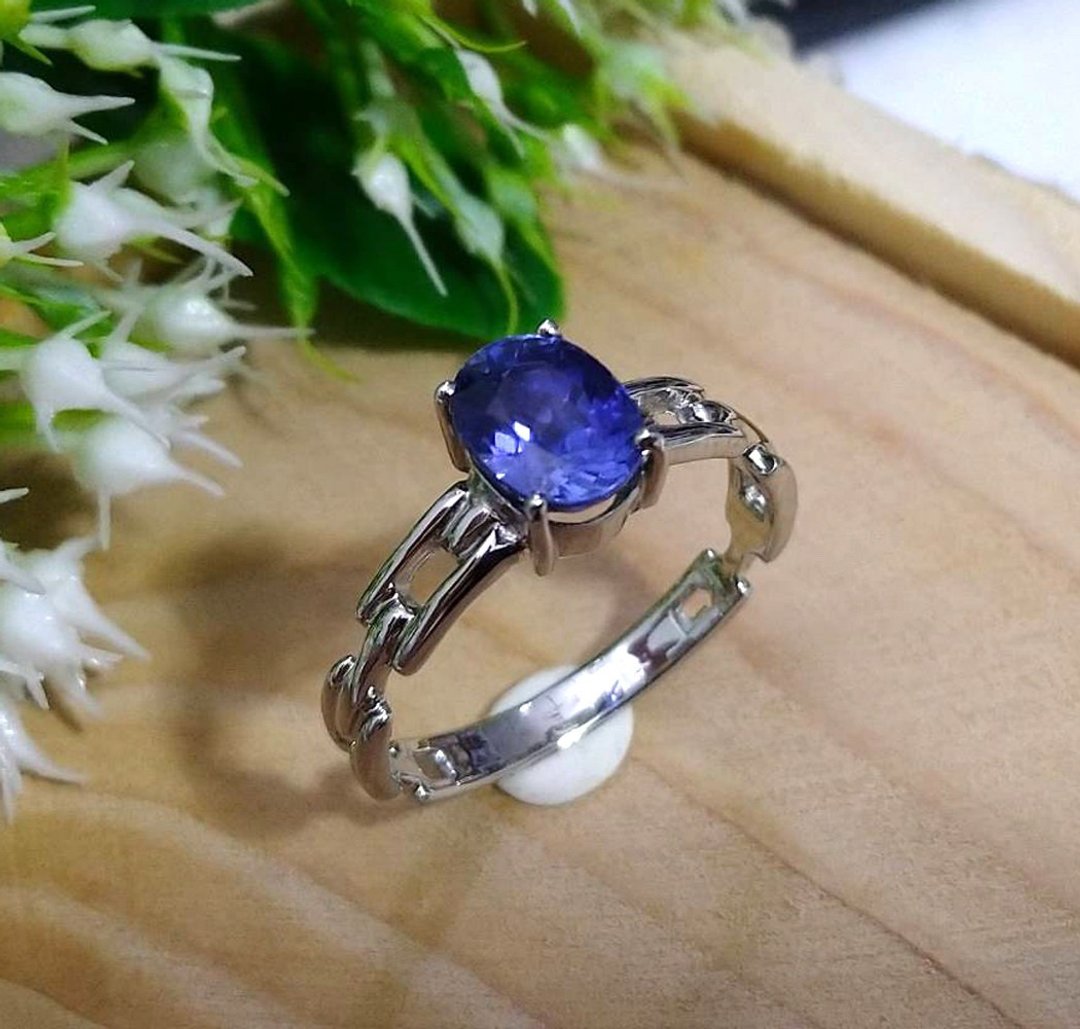 Natural blue sapphier ring silver sterling ring wedding size 7.0 free resize - 戒指 - 纯银 蓝色
