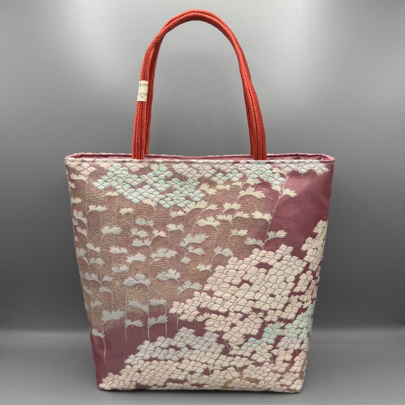 【附底板】和服腰带 手工托特包 再利用 粉紫 绣球花 - 手提包/手提袋 - 丝．绢 紫色