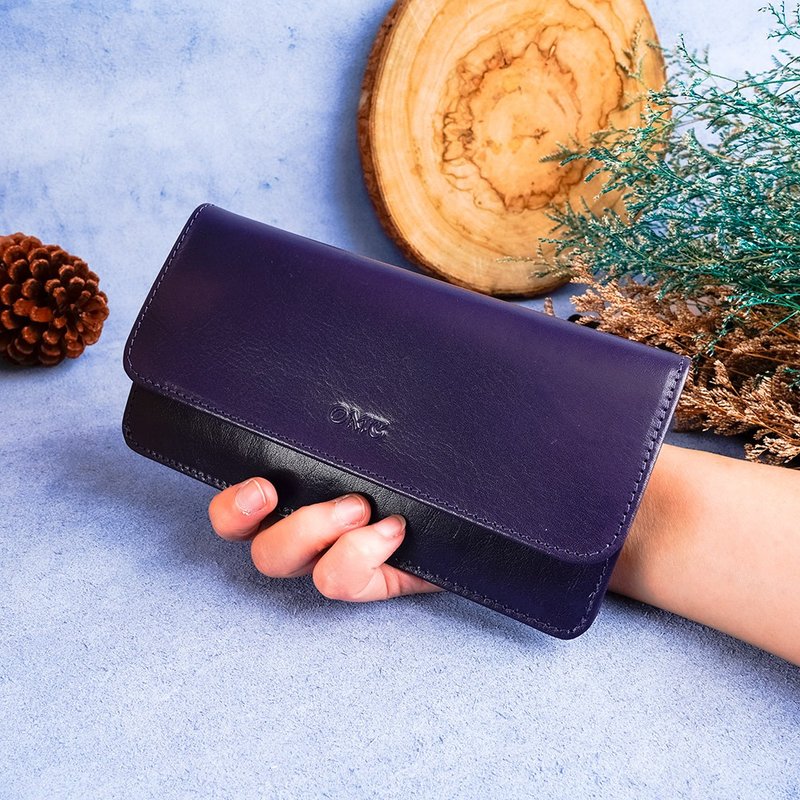 意大利植鞣革12卡1照薄型翻盖牛皮长夹(紫色) - 皮夹/钱包 - 真皮 紫色