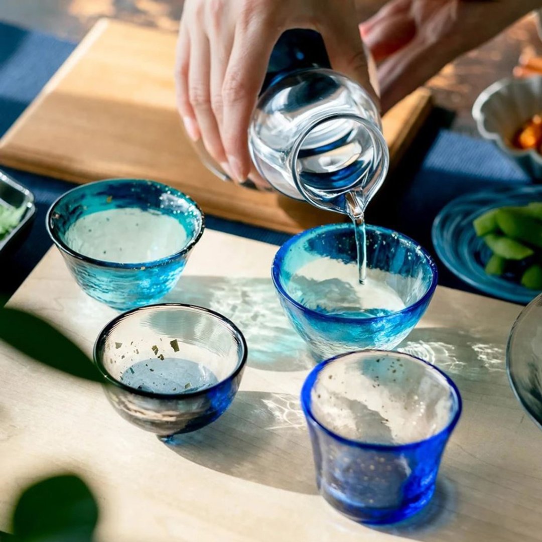 日本ADERIA 津轻 青森之海手作清酒杯4入礼盒组 - 酒杯/酒器 - 玻璃 蓝色