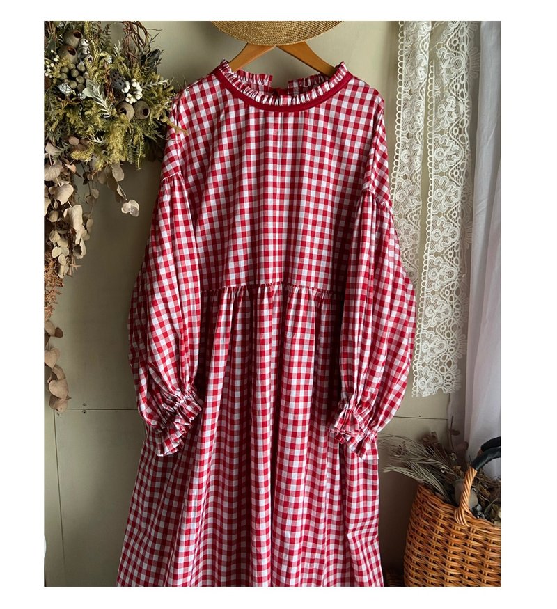a gingham check frill gather dress - 洋装/连衣裙 - 棉．麻 红色