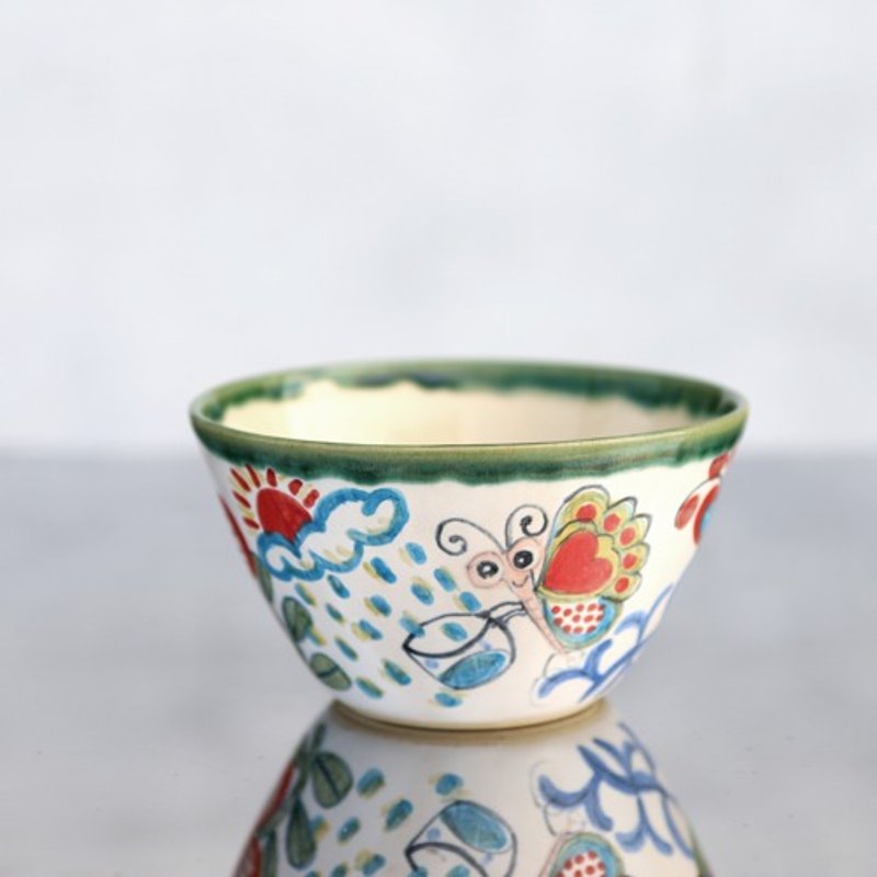 Rice bowl with flowers and butterflies (large) (green border) II - 碗 - 陶 