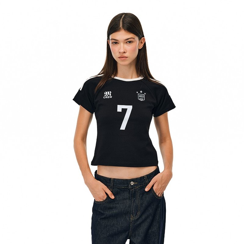 MOKACME 复古女式运动短装紧身数字印花辣妹性感甜酷球衣弹力短袖 - 女装 T 恤 - 棉．麻 