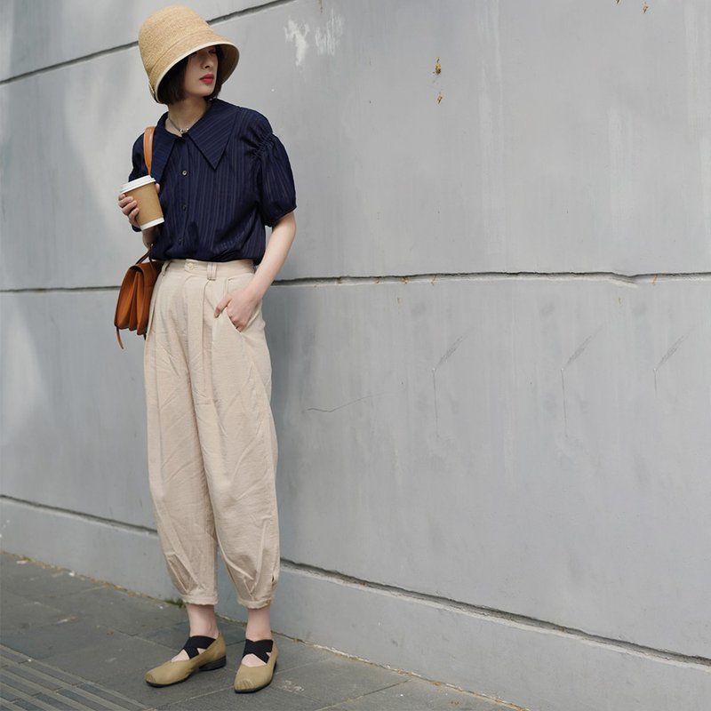 米色灯笼阔腿裤|裤子|夏款|聚酯纤维|Sora-489 - 女装长裤 - 聚酯纤维 