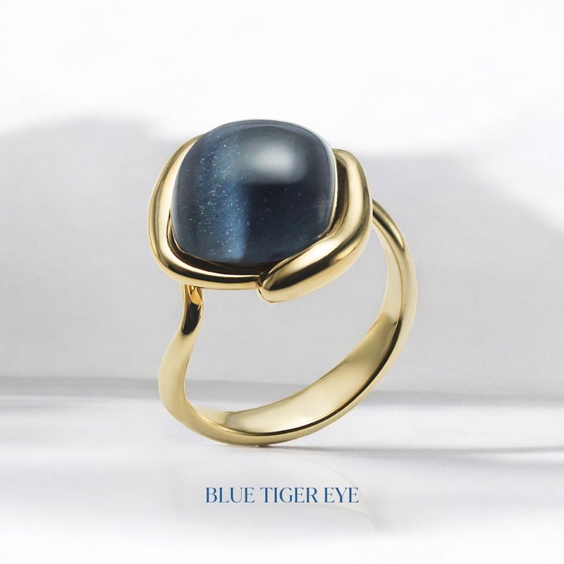 天然宝石戒指结合蓝虎眼石。 - 戒指 - 纯银 蓝色