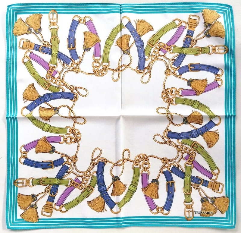 Trussardi 复古方巾 金色链条与皮带 20 x 19.5 英寸 - 丝巾 - 棉．麻 蓝色