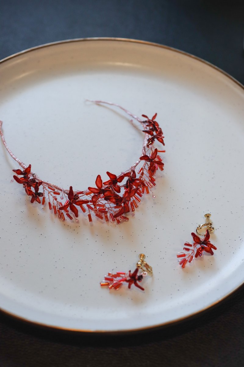 绯红花语皇冠 耳环组 树脂串珠 新娘头饰耳环 - 发饰 - 树脂 红色