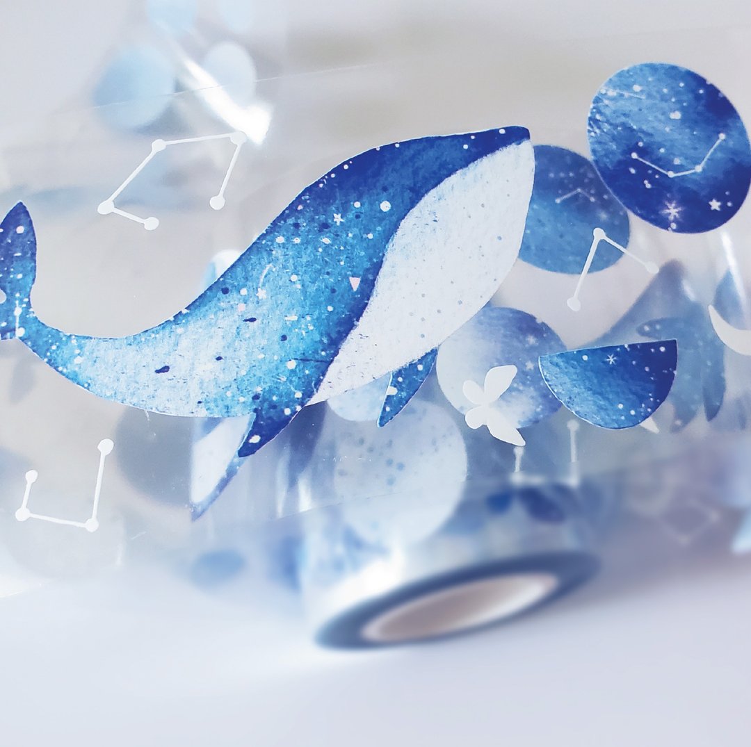 鲸落流星 带离型纸 白墨PET胶带 - 纸胶带 - 纸 蓝色