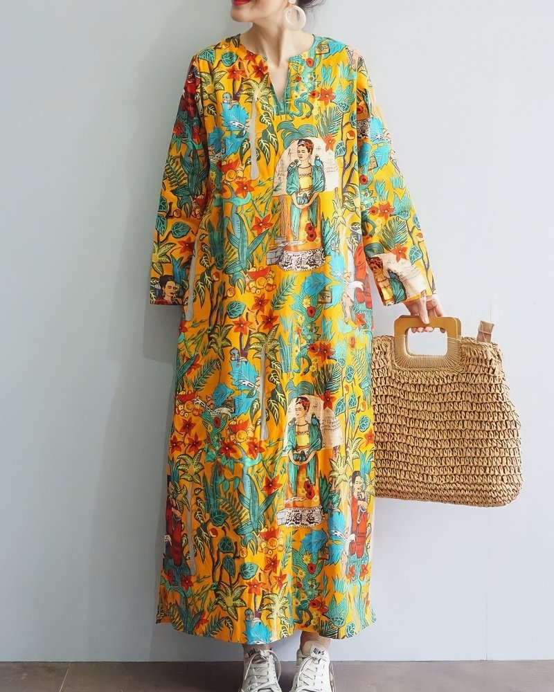 长袖棉质连衣裙/女士休闲宽松款/V 领连衣裙/节日连衣裙 - 洋装/连衣裙 - 棉．麻 多色