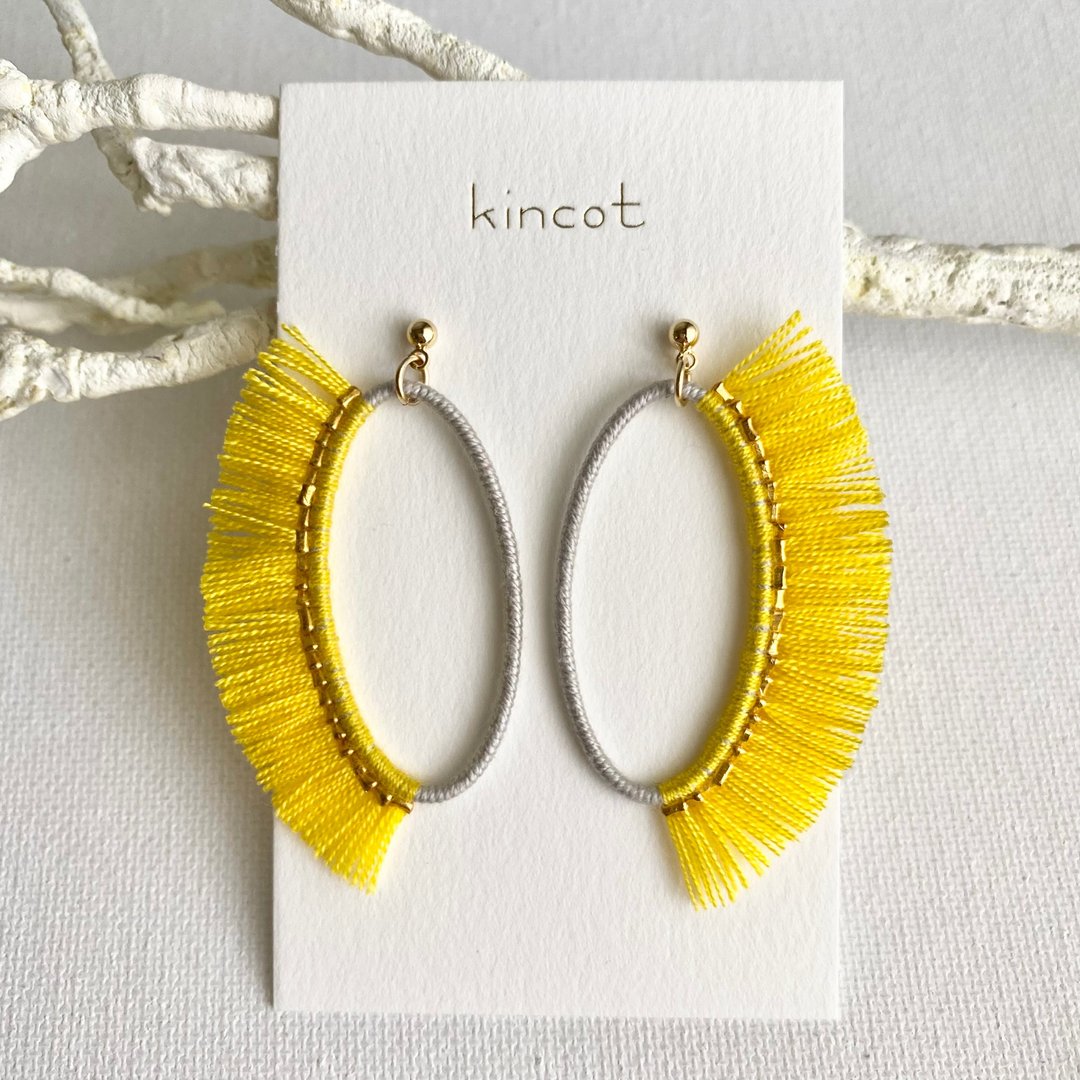 Clinière Earrings・Clip-On[Gray x Yellow] - 耳环/耳夹 - 棉 黄色