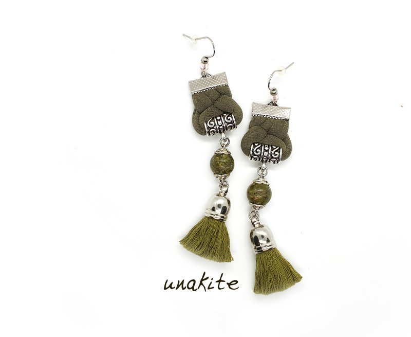 Unakite Beaded Earrings, Long Tassel Earrings, Bohemian Jewelry - 耳环/耳夹 - 宝石 绿色