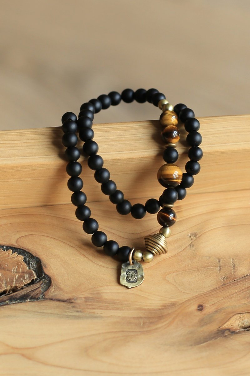No.8-原創 &黑金 | 黄虎眼石 黑玛瑙 黄铜 | 雙圈 复古个性 - 手链/手环 - 半宝石 黑色