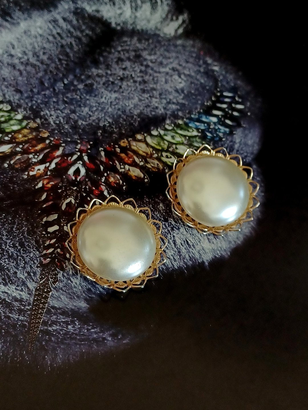 vintage jewelry Judy Lee 金边太阳珍珠夹式耳环 - 耳环/耳夹 - 其他金属 