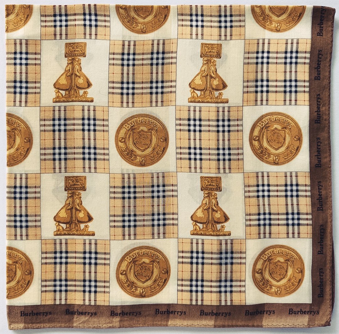 Burberry 古董丝巾 - 盾牌格纹 23 x 22.5 英寸 - 手帕/方巾 - 棉 金色