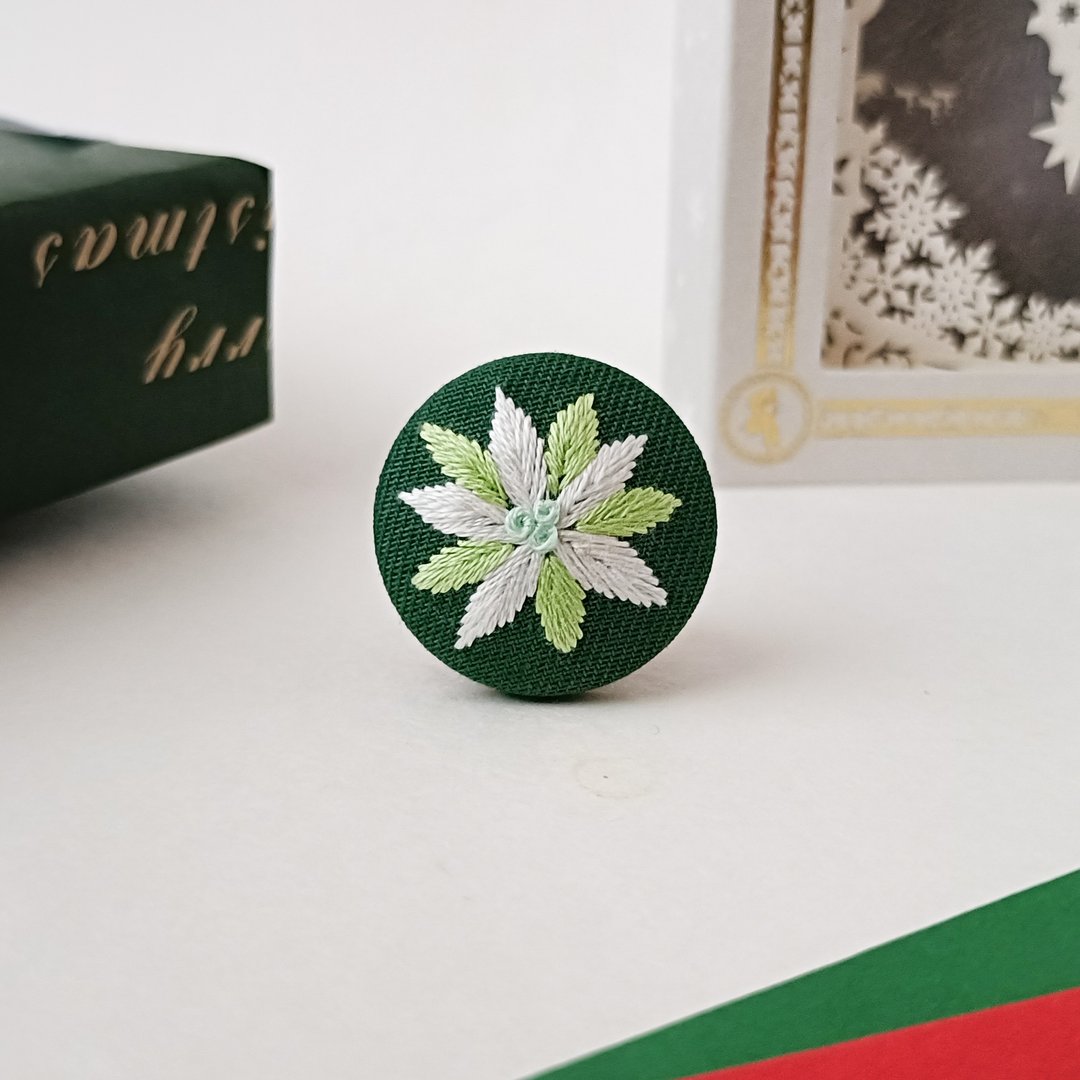 绿色 迷你刺绣 圣诞花胸针 - 胸针 - 棉 绿色