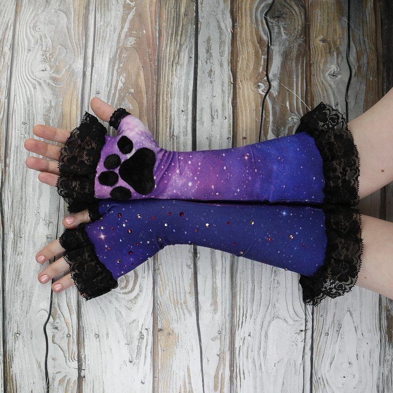 Purple Universe Kitten Paws Lace Mittens - 手套 - 其他人造纤维 黑色